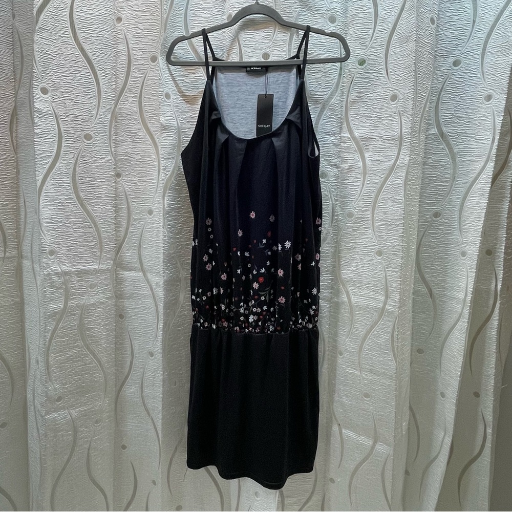 Sheilay Floral Mini Dress Women XL Black NEW Spaghetti Strap Pleated‎ Boho